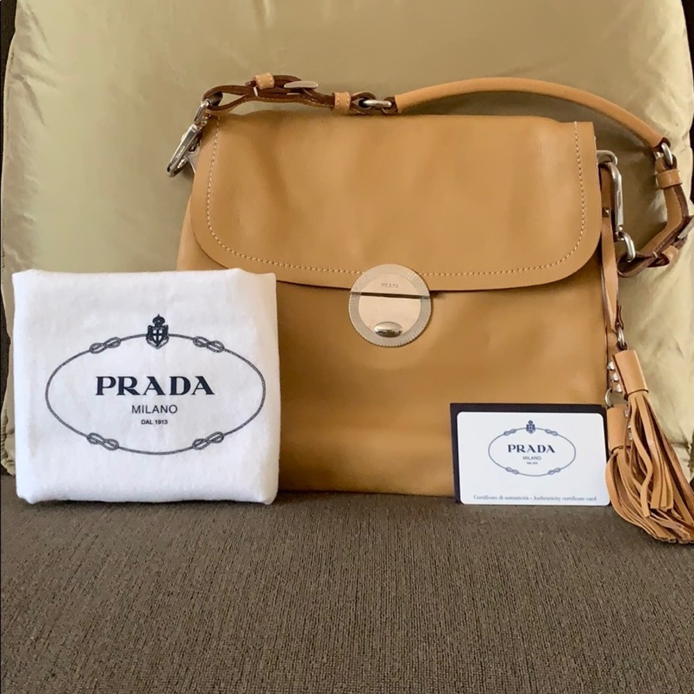 Authentic vintage Prada tan leather shoulder bag